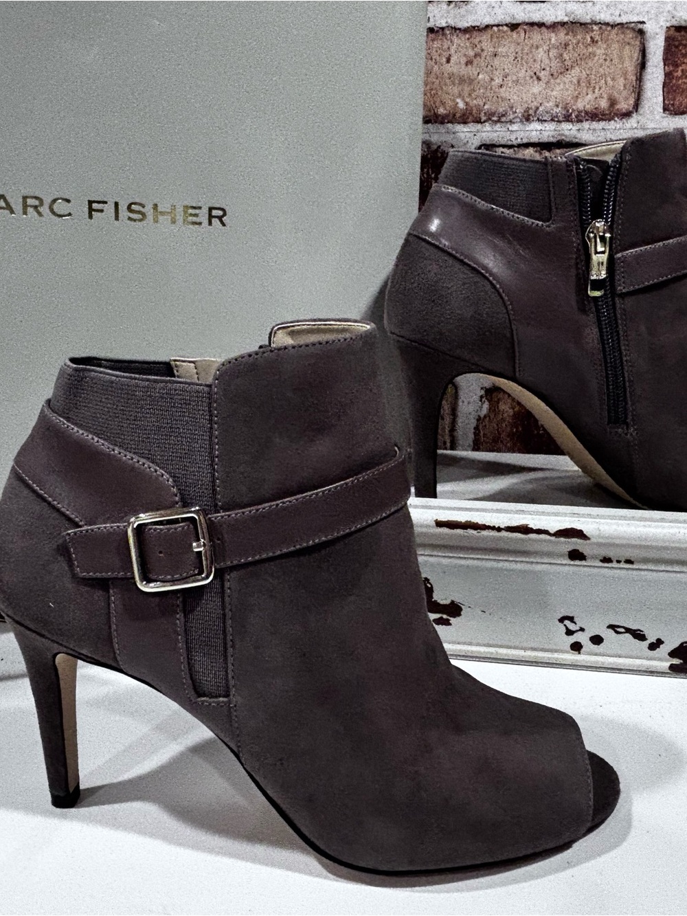 Marc Fisher Charcoal Suede Peep-Toe Ankle Bootie with Buckle